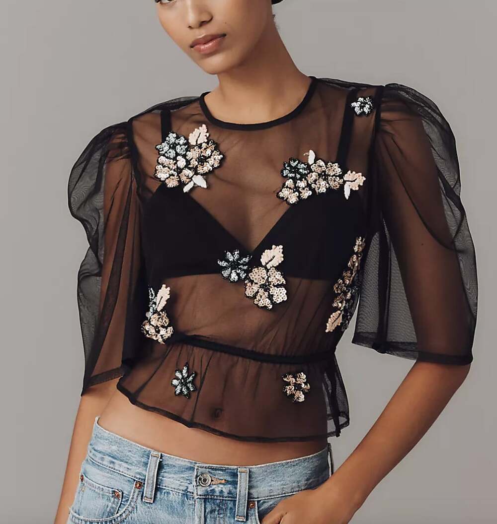 Anthropologie NWT Embellished Sheer Mesh Top in Black Size Small Layering
